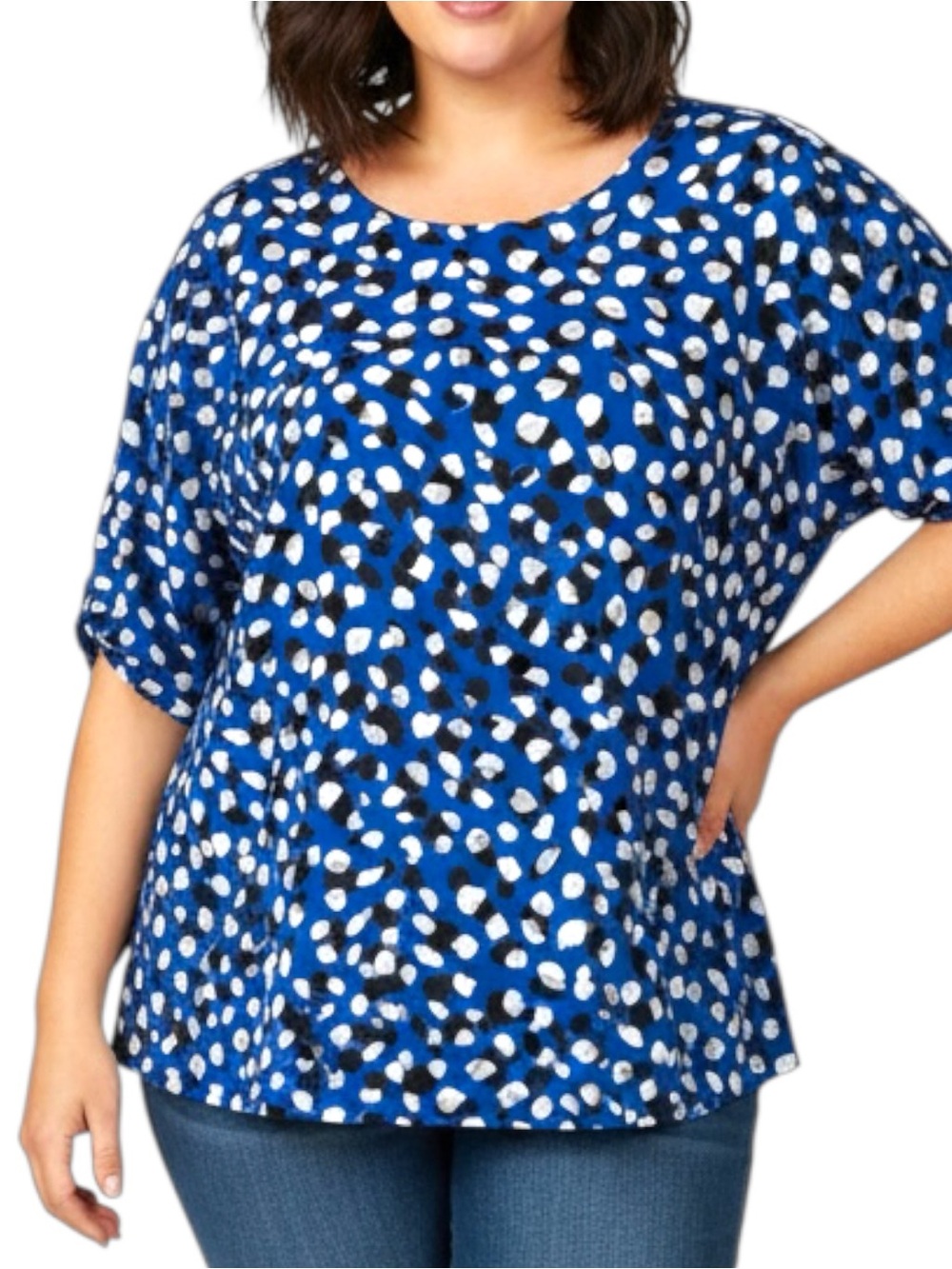 NEW NWT MELLODAY Sz 3X Blue Scoop Neck Twist Sleeve Animal Spot Printed Top